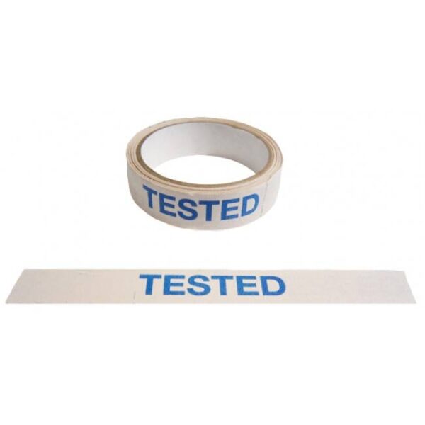 Tape "TESTED", 24mm x 50m, blå tekst på hvid