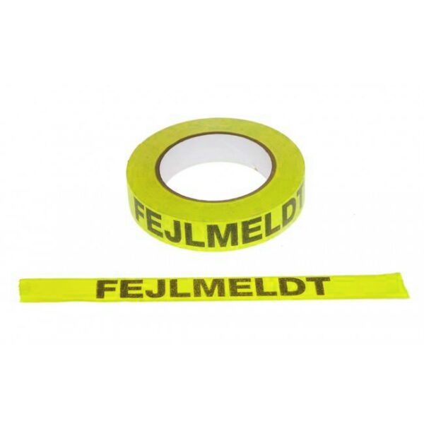 Tape "FEJLMELDT", 24mm x 25m, sort tekst på neon gul